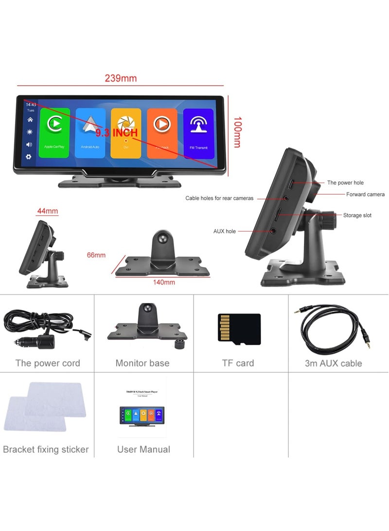 Portable Wireless Apple Carplay Car Stereo, 9.3 HD IPS Touchscreen Car Radio Support Bluetooth/Maps Navigation/Wireless Android Auto/AUX/TF,Built in Front View Camera,Loop Recording - Image 5